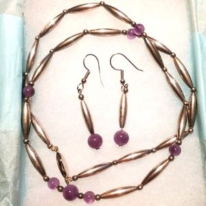 Set of Silver-tone and Purple Beaded Necklace & Earrings